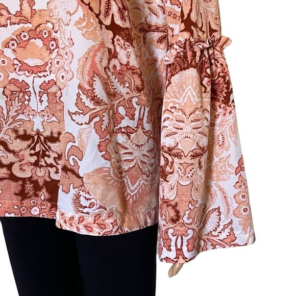 LC Lauren Conrad Blouse White Coral Damask Bow Tie Bell Sleeves Size XL - Picture 6 of 12